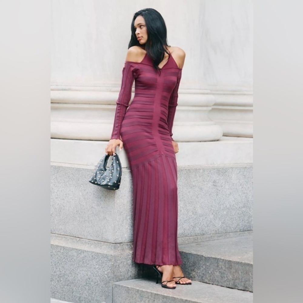 Anthropologie Off-Shoulder Love Sleeve Ruched Sweater Maxi Dress Wine Red XL
